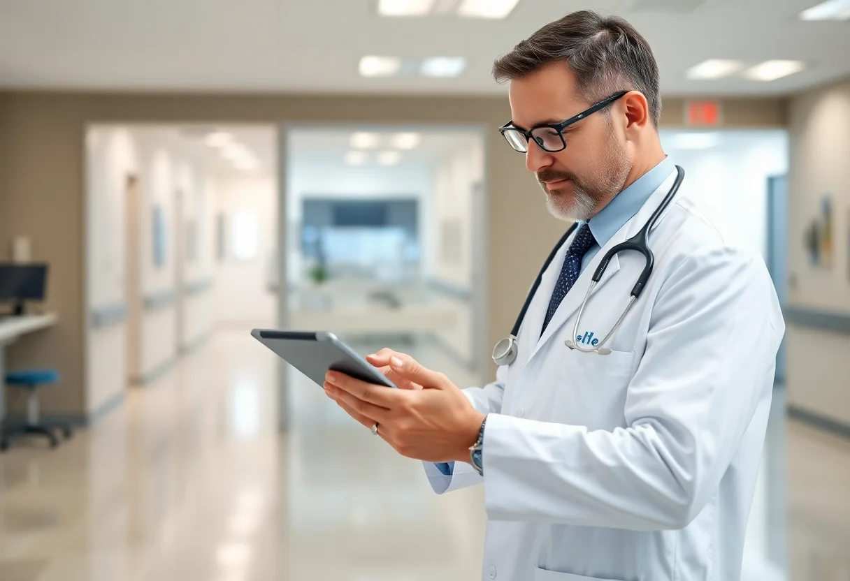 Doctor reviewing patient data on a secure tablet interface in a modern hospital setting.